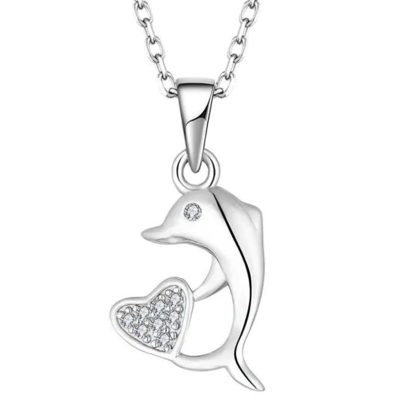 Collier Delfin mit Herz, Silber, rhodiniert, Zirkonia