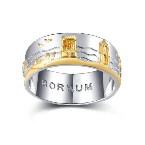 Borkum Ring mit Borkumer Landschaft, 925er Sterling Silber, poliert, teilvergoldet 62